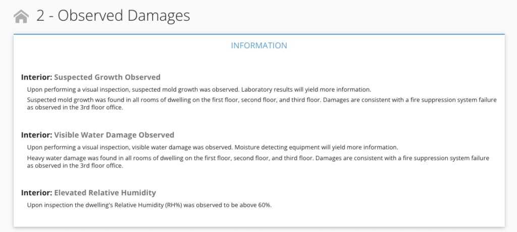 screenshot of observed damages section from mold report as an example of how to read your mold report