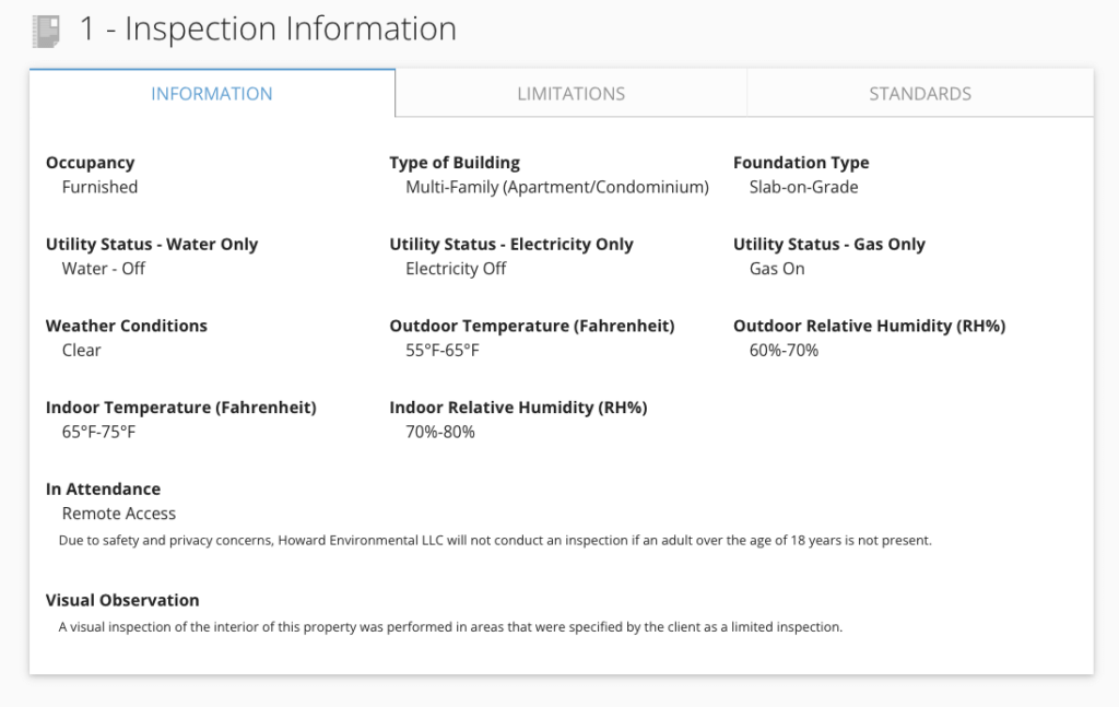 screenshot of inspection information overview from mold report as an example