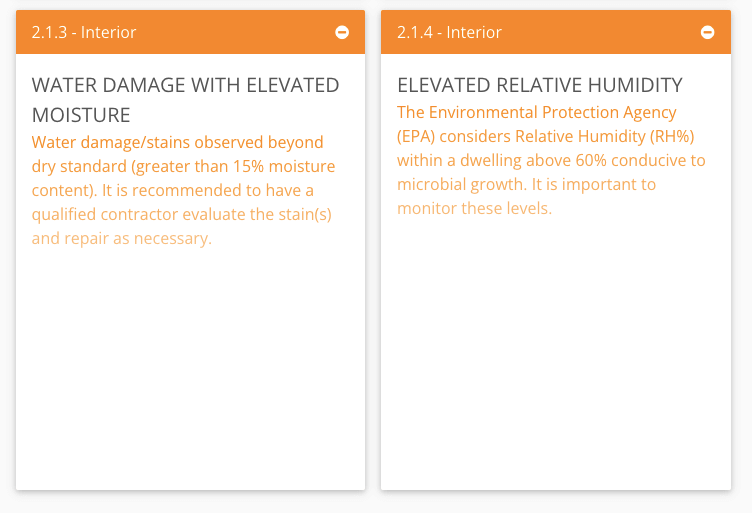 orange labeled warning from mold report- "water damage with elevated moisture" and "elevated relative humidity"