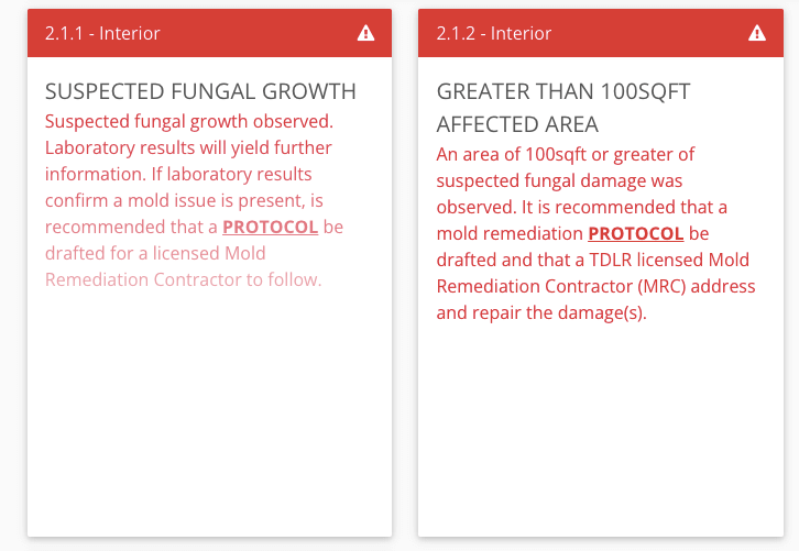 red labeled warning from mold report- "suspected fungal growth" and "greater than 1000sqft" 